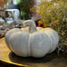 Decorative white pumpkin on a gold tray with plants in the background
