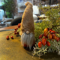 Gnome figurine with a beard and hat, surrounded by greenery and red berries on a reflective surface.