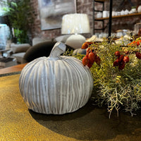 Decorative white pumpkin with ribbed texture on a table with greenery and small red fruits.