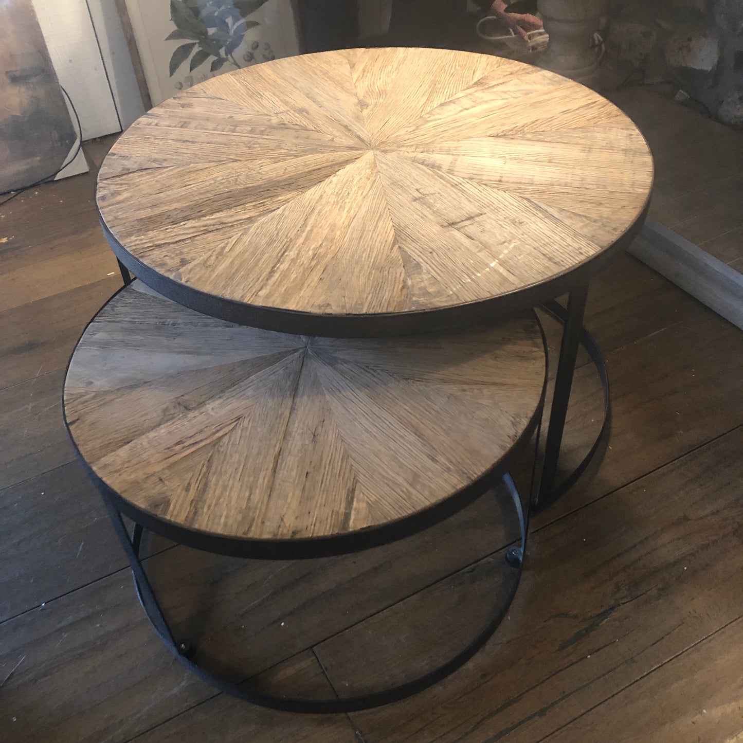 Nest of Two Reclaimed Oak Round Coffee Tables
