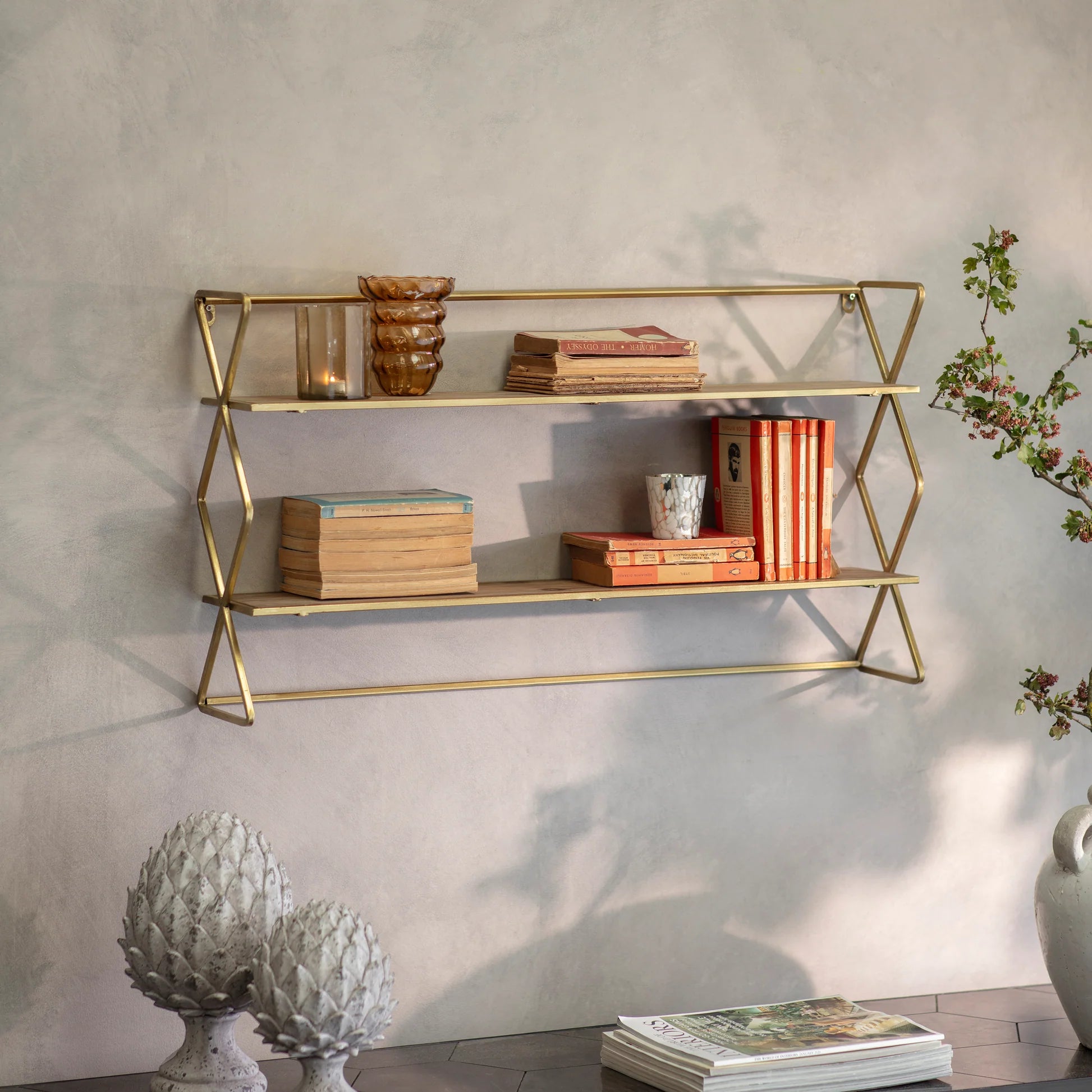Avondale Double Cross Shelf in Brass Finish 83cm | Annie Mo's