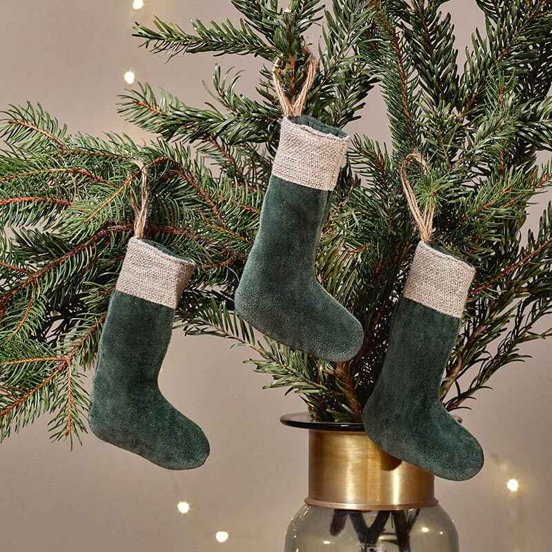 Karru Cotton Velvet Mini Stocking - Forest Green - (Set of 3) 13cm 