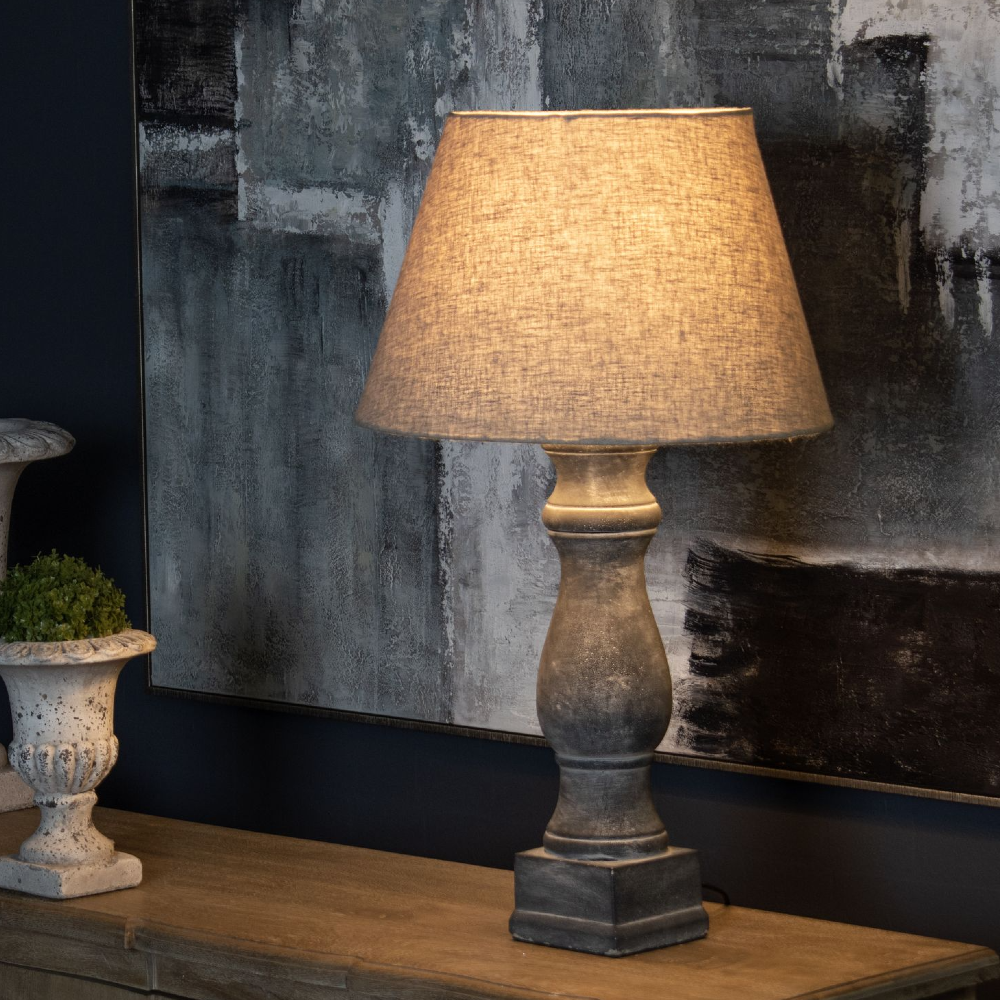 Large Grey Candlestick Table Lamp With Linen Shade 72cm | Annie Mo's