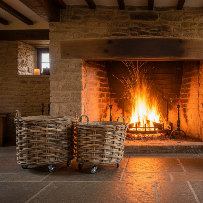 Large Round Rattan Wheeled and Lined Baskets - Size Choice