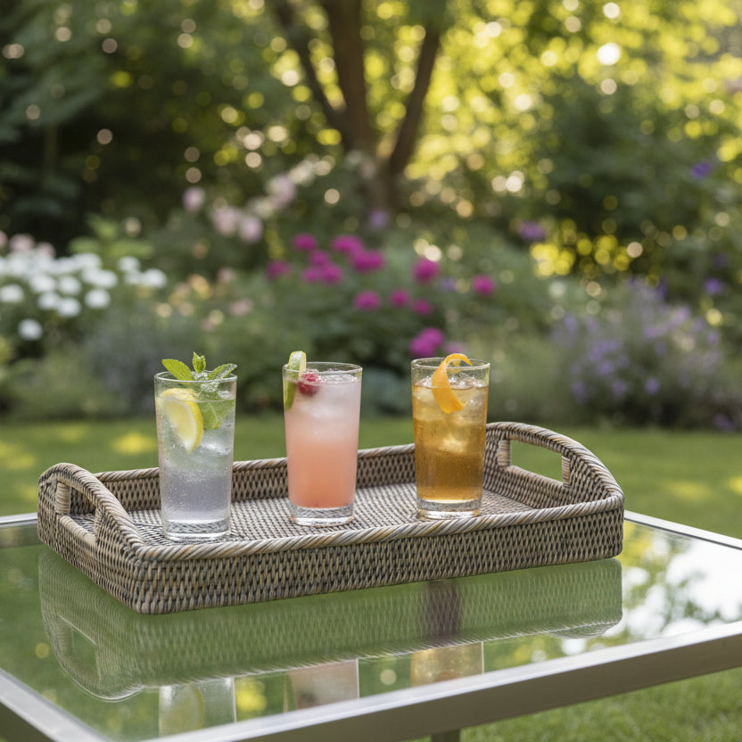 Light Grey Washed Rattan Tray with Handles 45cm | Annie Mo's