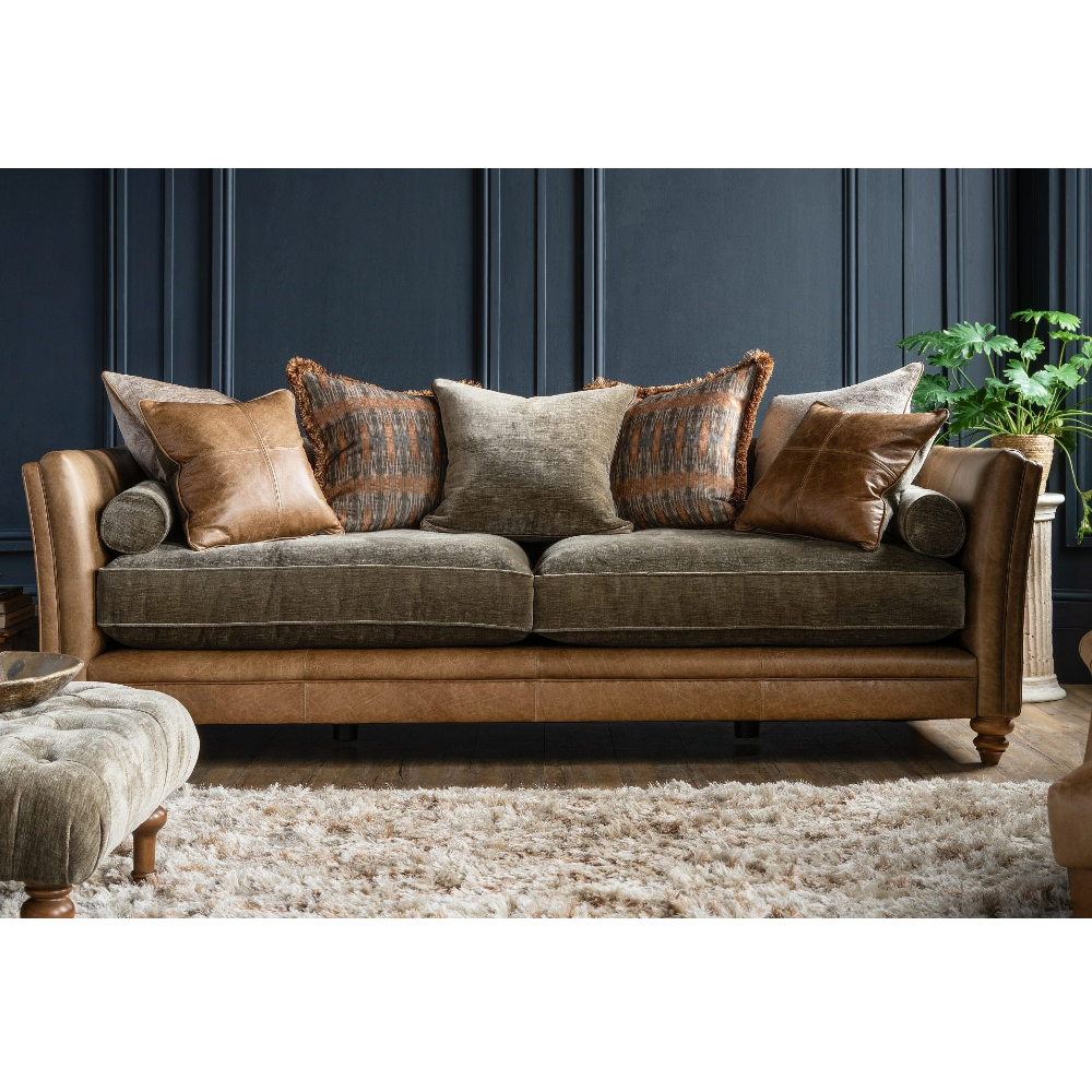 Lomund Four Seat Sofa - Pillow Back Version | Leather and Fabric Mix