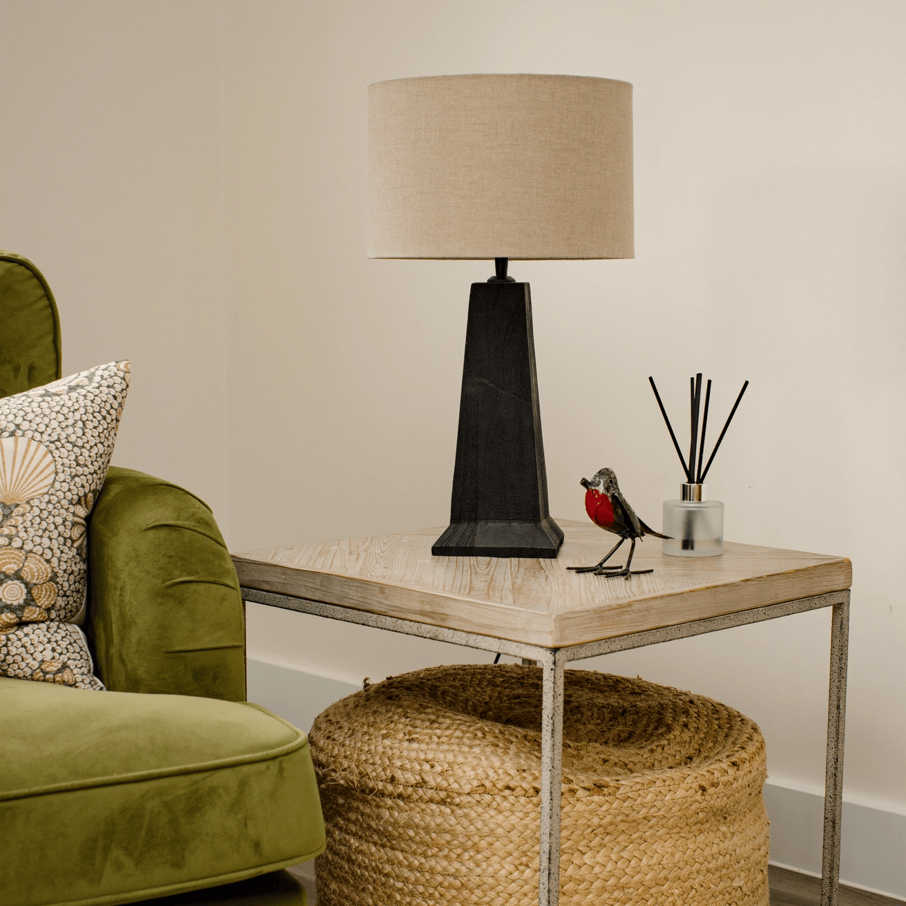 Medium Black-Stained Sandblasted Table Lamp with Beige Linen Shade 52cm -3