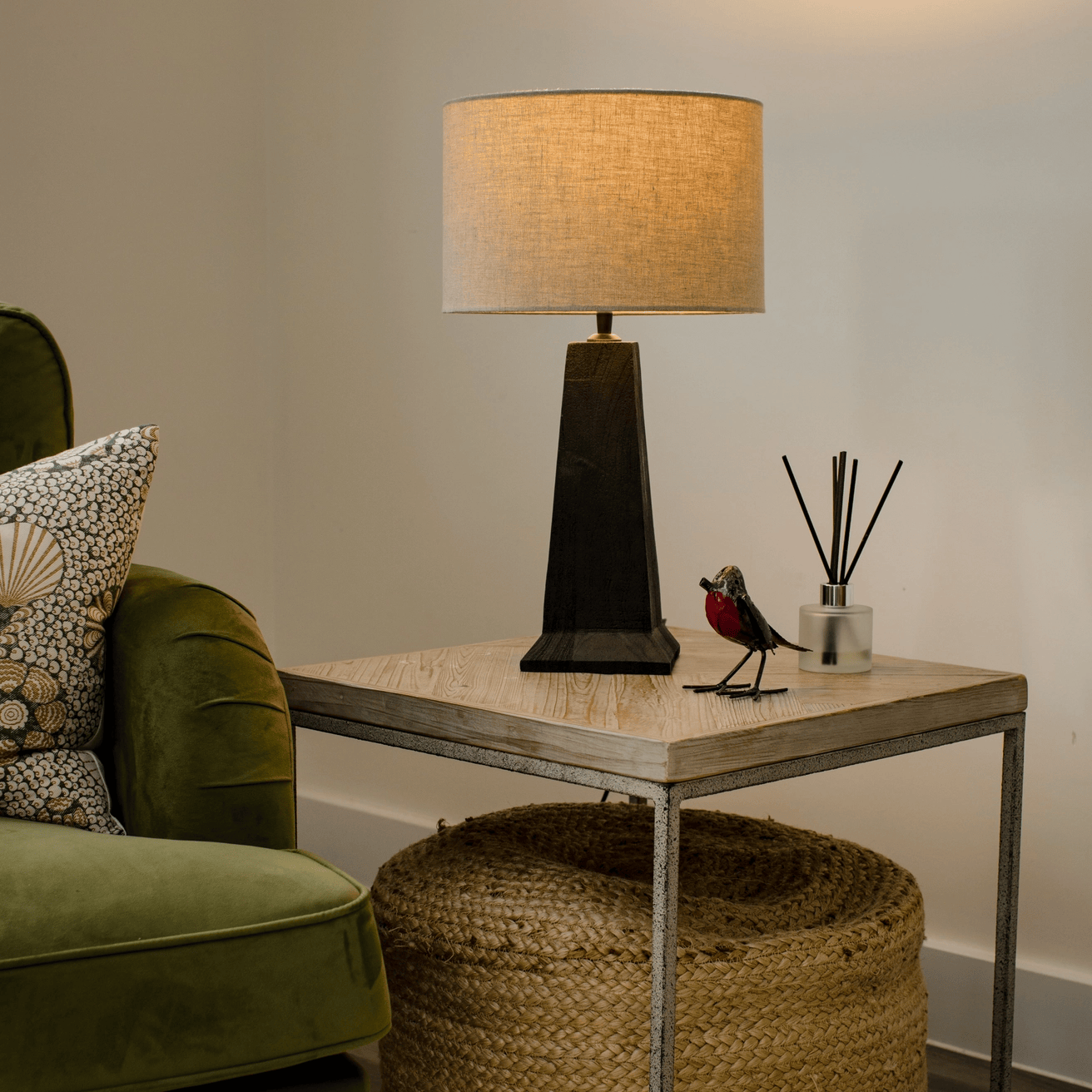 Medium Black-Stained Sandblasted Table Lamp with Beige Linen Shade 52cm - 2