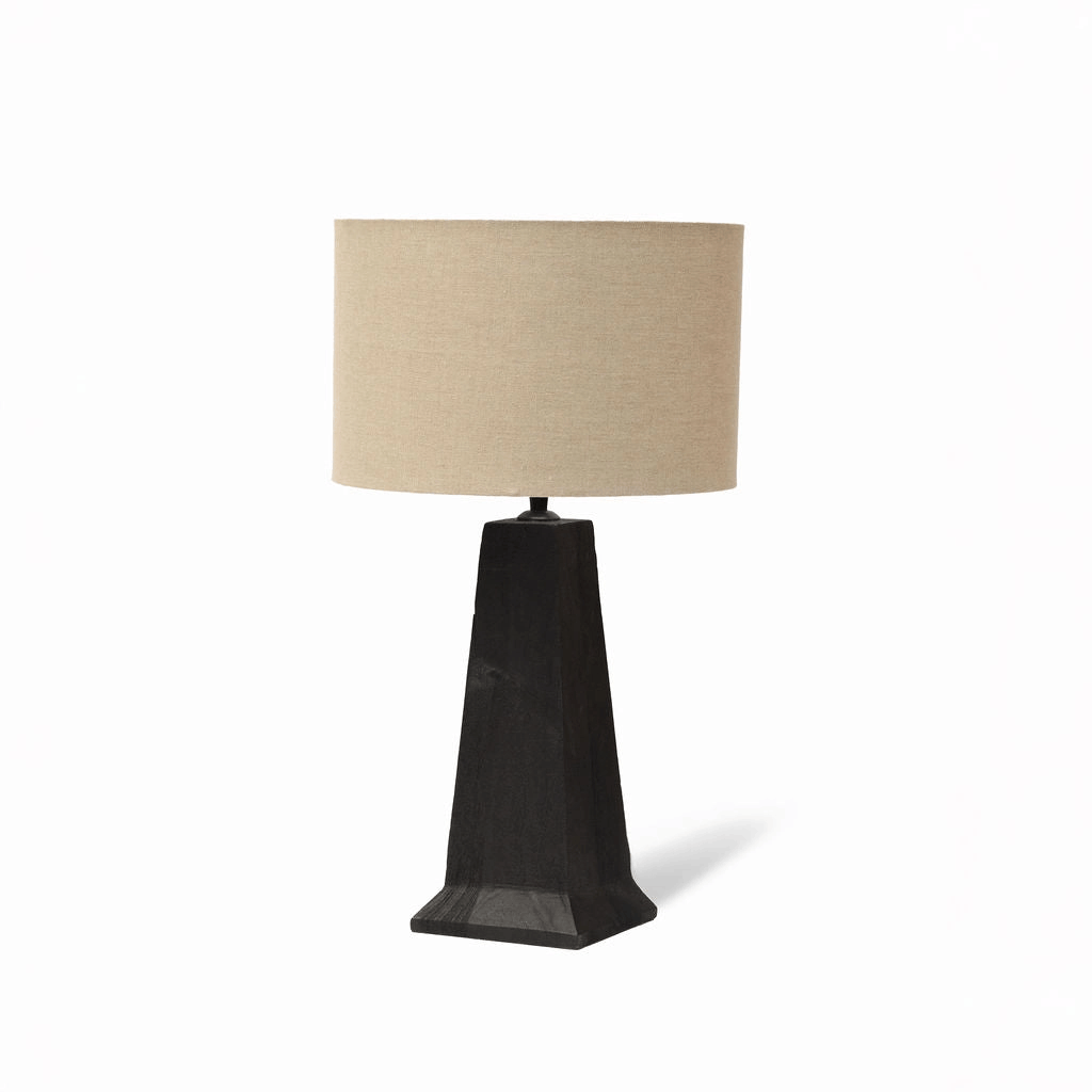 Medium Black-Stained Sandblasted Table Lamp with Beige Linen Shade 52cm