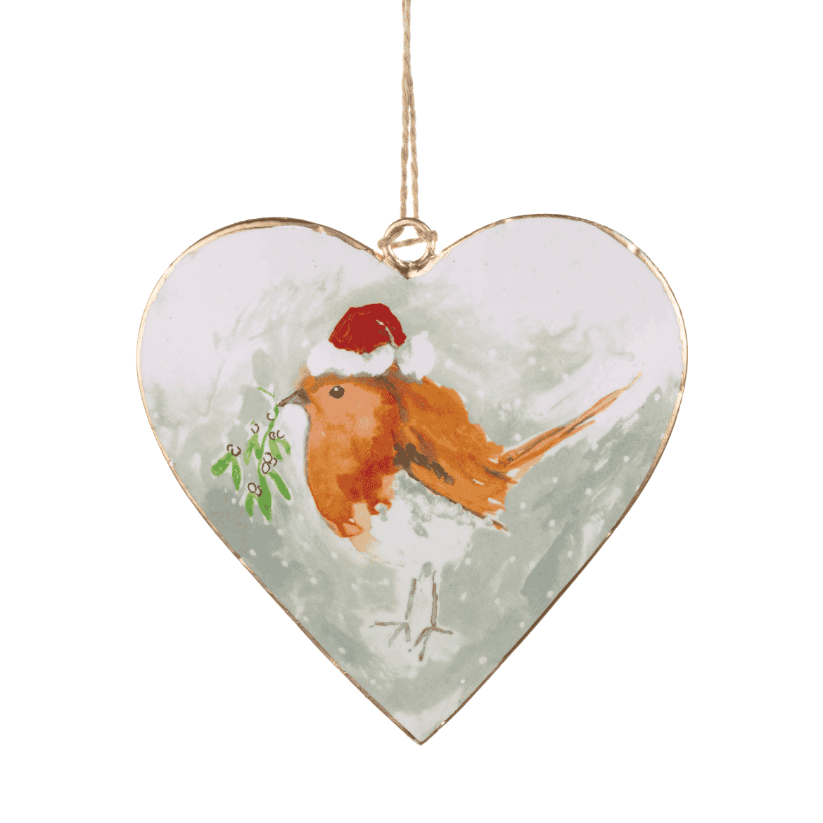 Metal Heart with Robin Wearing Santa Hat 10cm