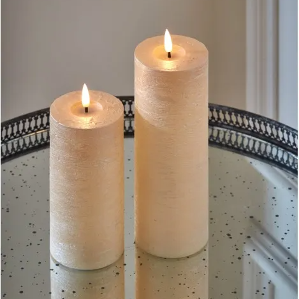 Metallic Pillar Candles - Light Champagne Set of Two Battery Operated 20cm