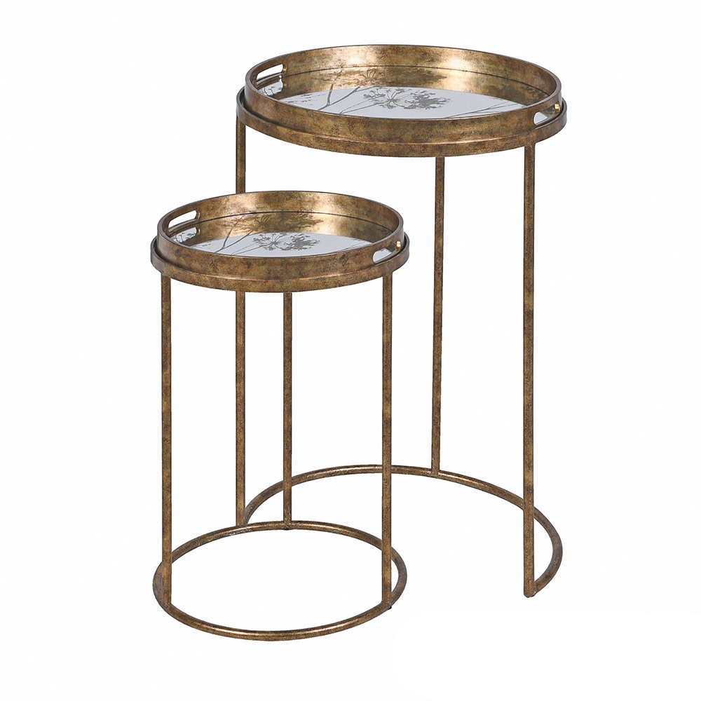 Nest of Two Antiqued Golden Seed Head Round Tray Tables | Annie Mo's