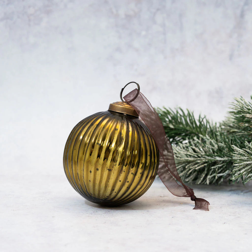 Olive Glass Ribbed Ball Bauble 8cm | Annie Mo's