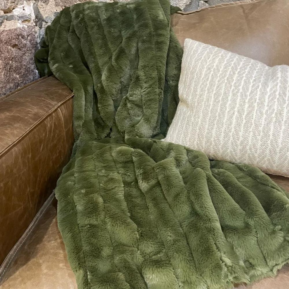 Olive Green Ribbed Faux Fur Throw 170cm - Annie Mo's