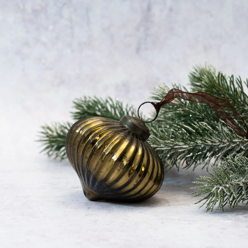 Olive Ribbed Lantern Christmas Bauble 8cm | Annie Mo's