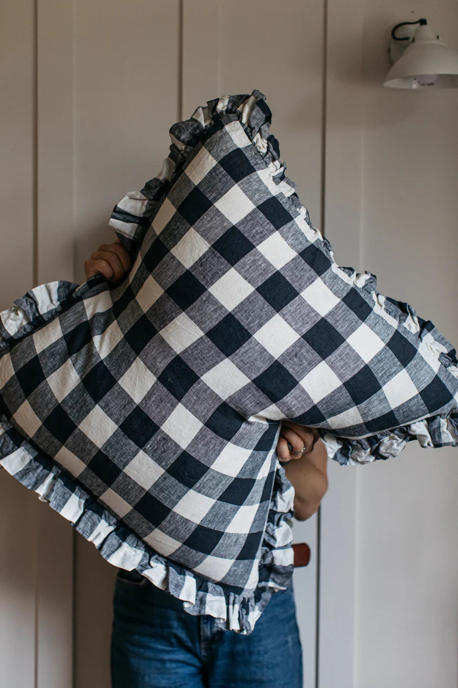 Olivia Ruffle Cushion - Midnight Gingham 60x60cm