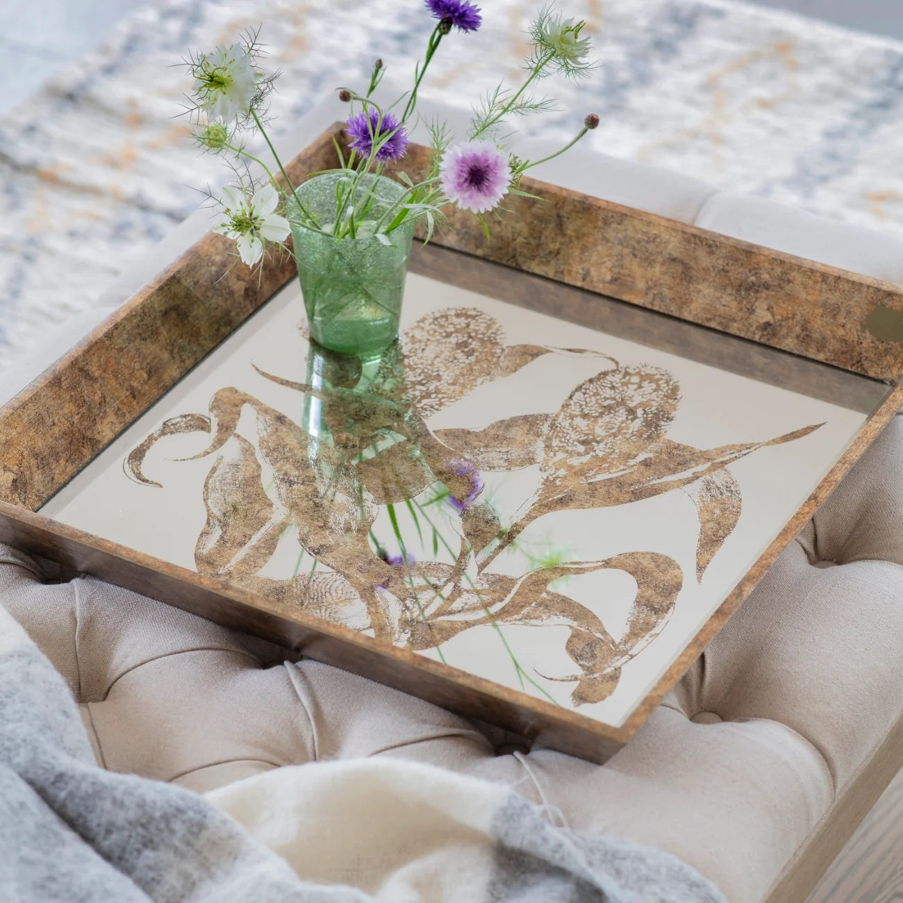 Waltham Square Botanical Foliage Mirrored Tray 48cm