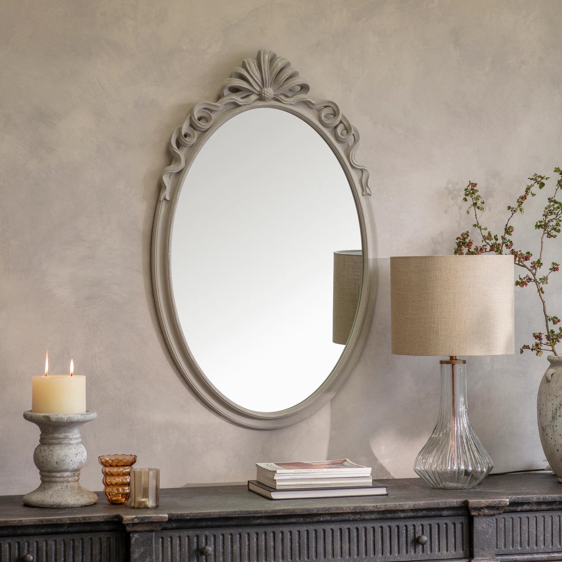 Wilton Grey Ribbon Top Oval Mirror 130cm