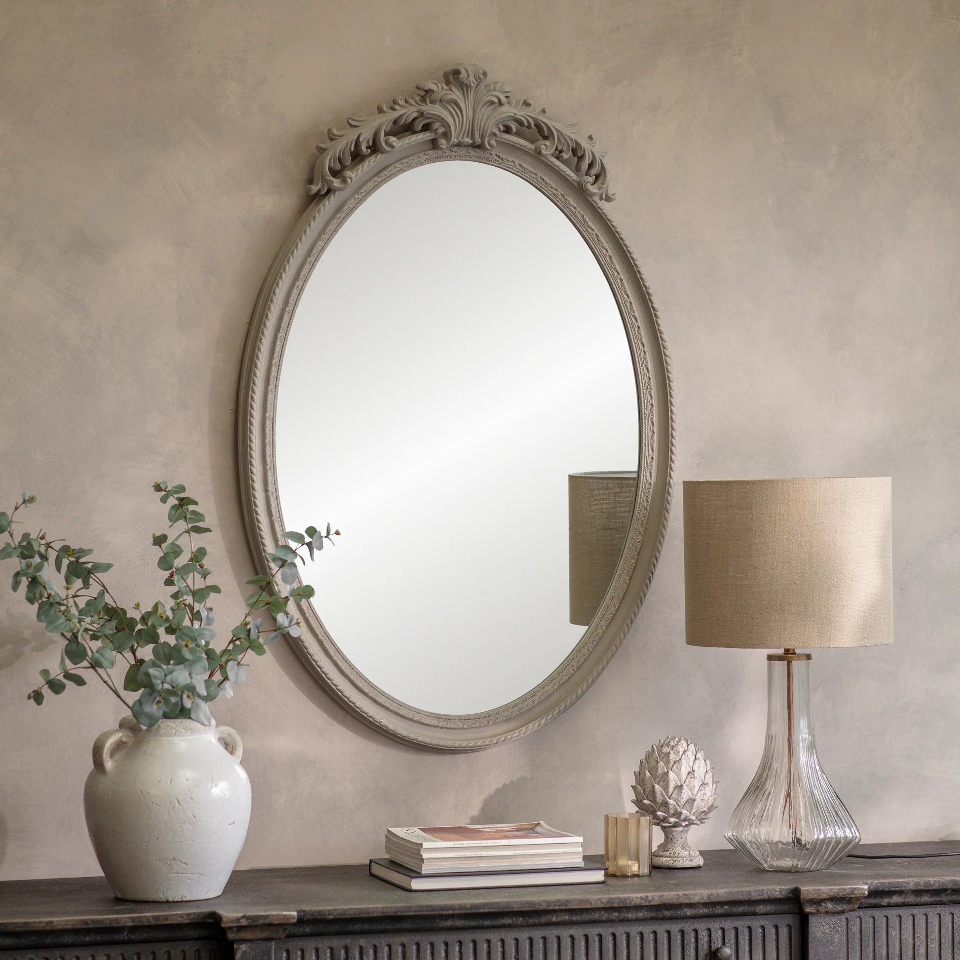 Wilton Oval Grey Mirror with Crest Top 122cm | Annie Mo's