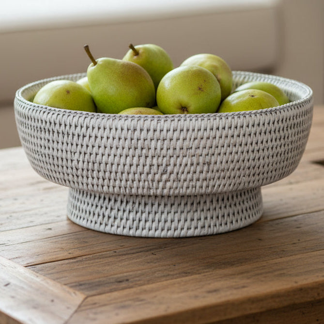 Rattan Round Fruit Bowl in Natural White Wash 30cm