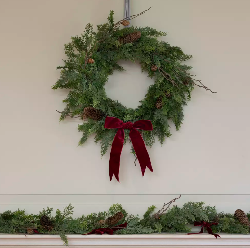 Foliage and Fircone Wreath with Velvet Ribbon 60cm