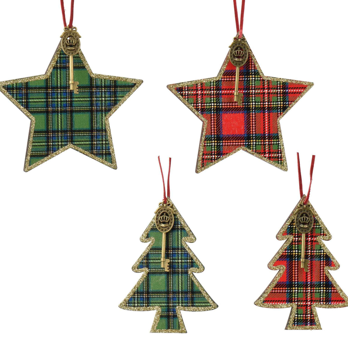 Set of Four Wood Tartan Key Clad Hanging Decorations 12cm | Annie Mo's