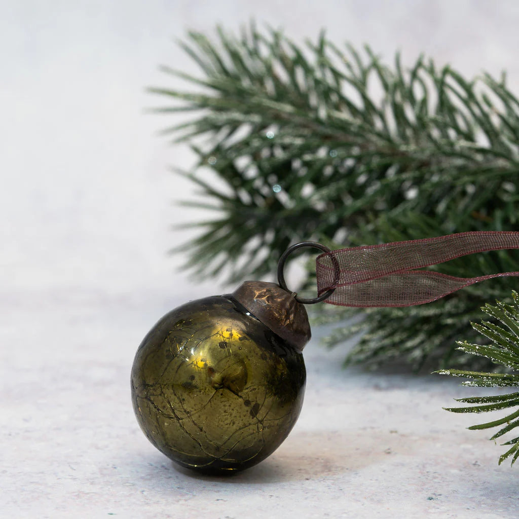 Set of Six Small 1" Olive Crackle Glass Baubles | Annie Mo's