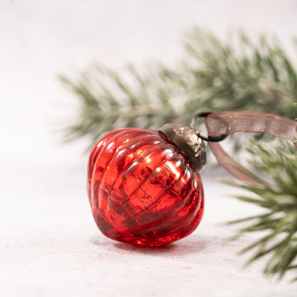 Set of Six Small 1" Red Crackle Glass Lantern Baubles | Annie Mo's
