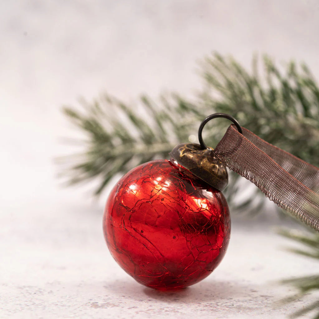 Set of Six Small 1" Red Crackle Glass Baubles | Annie Mo's