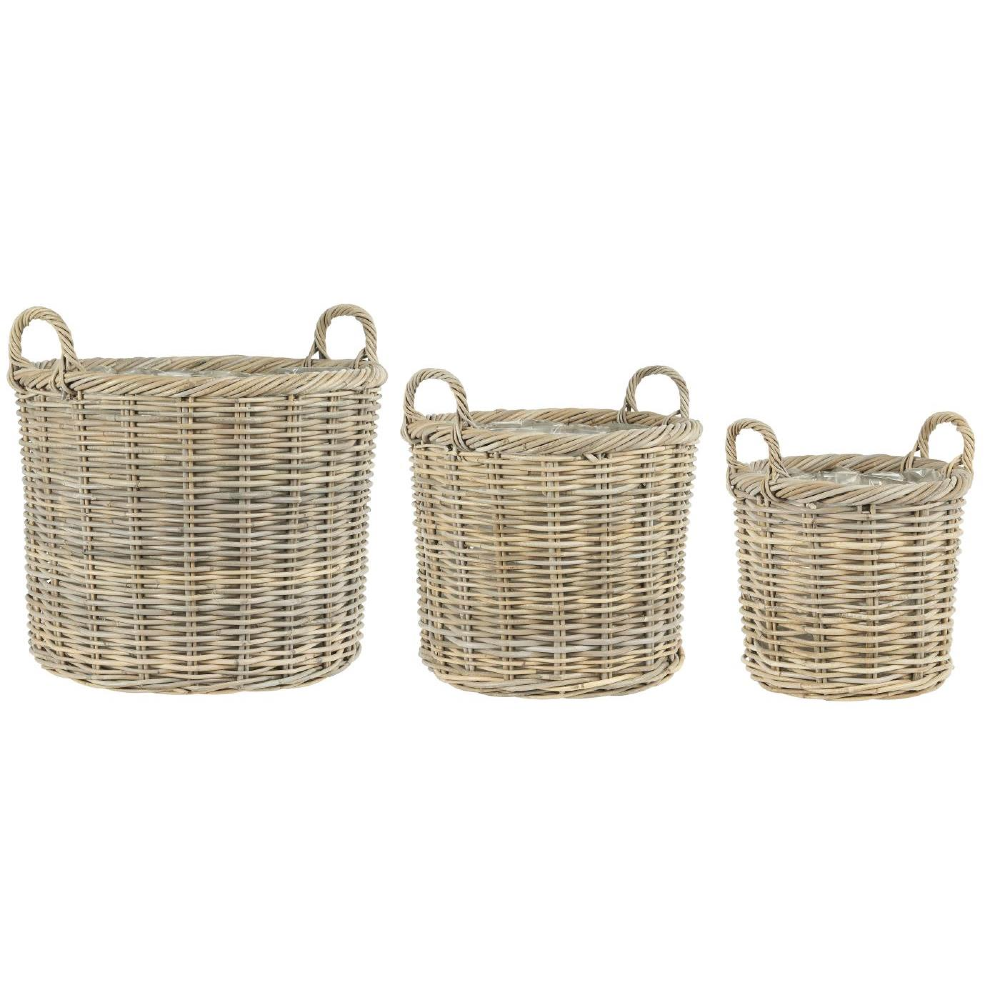 Set of Three Round Rattan Handle Baskets with Plastic Liner 51cm