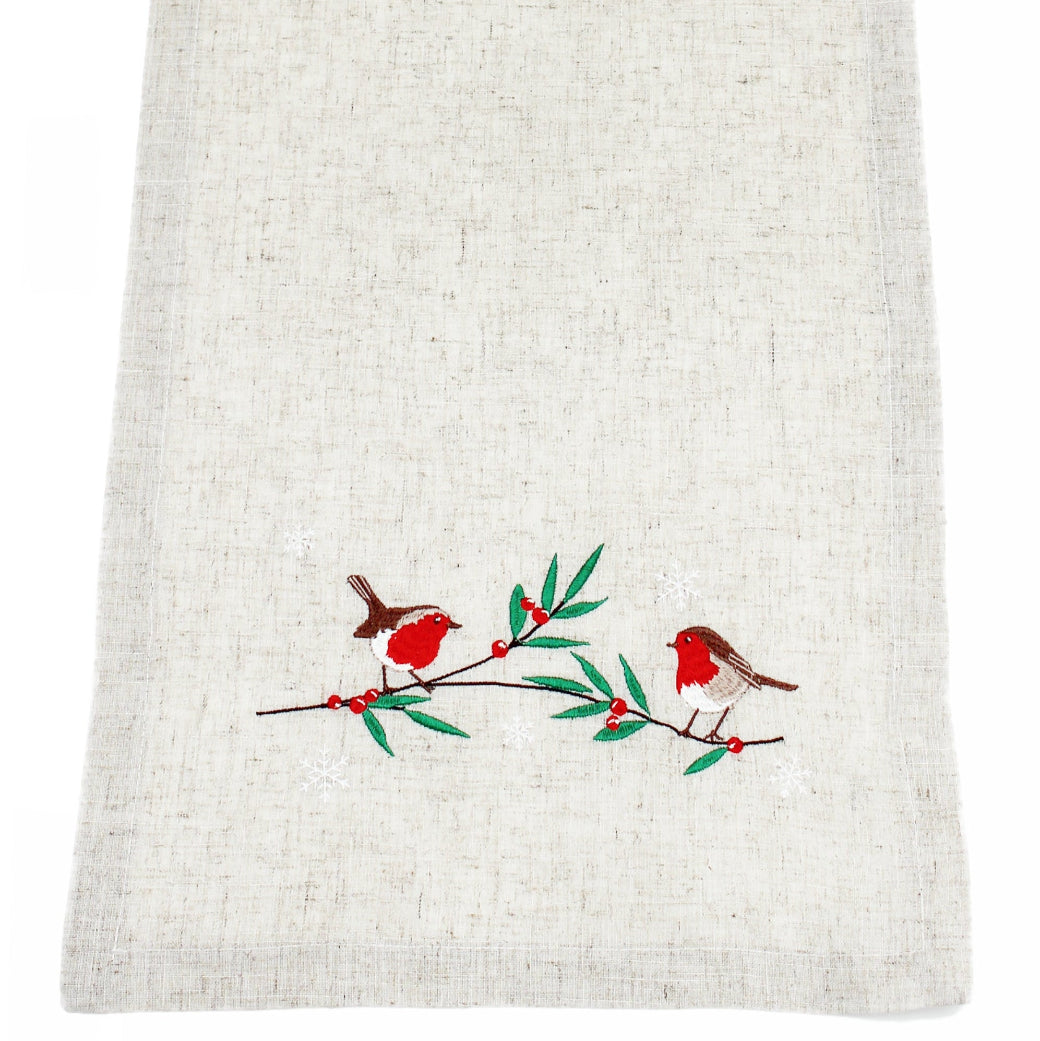 Snow Robin Beige Christmas Table Runner 190cm