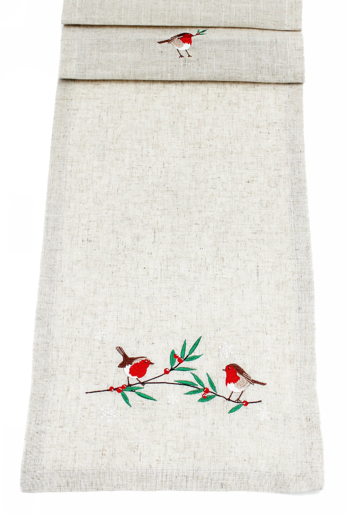 Snow Robin Beige Christmas Table Runner 190cm-B