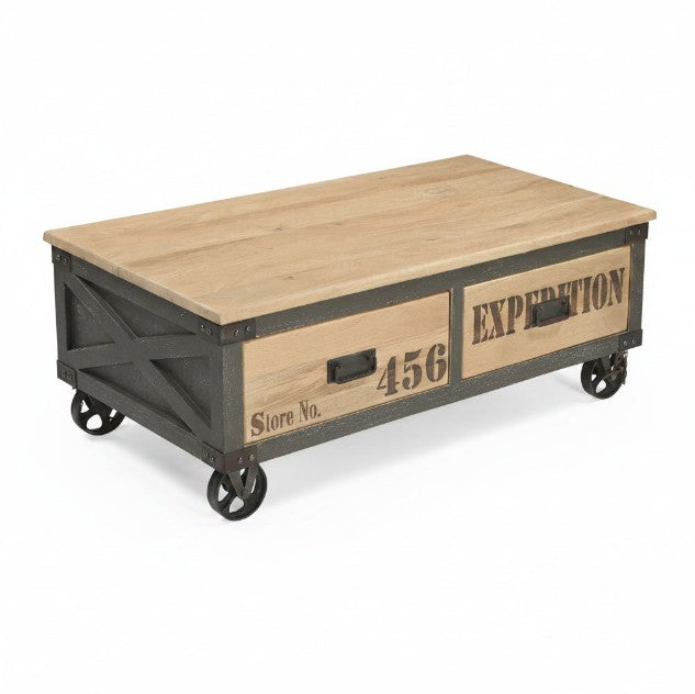 Wooden coffee table with metal frame and wheels on a white background