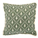 Green pillow with white geometric pattern on a white background