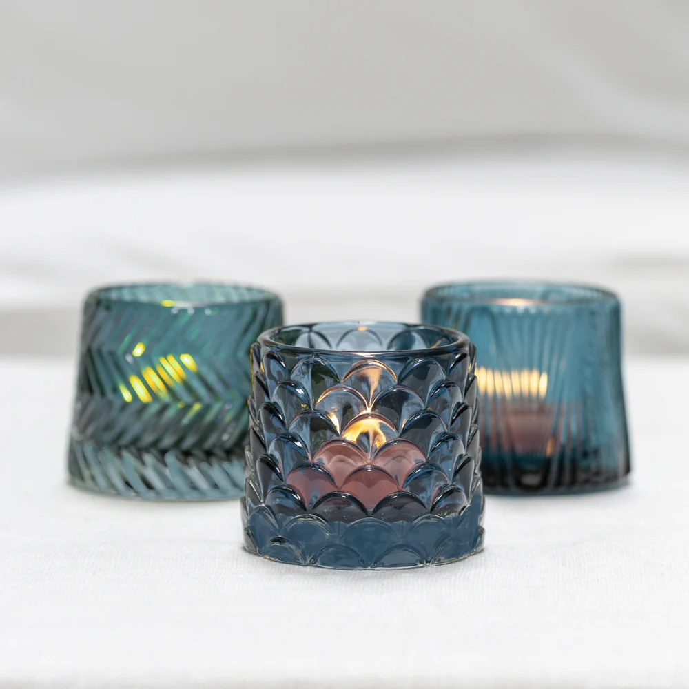 Three Assorted Tea Light Votives in Light Blue Glass 7cm
