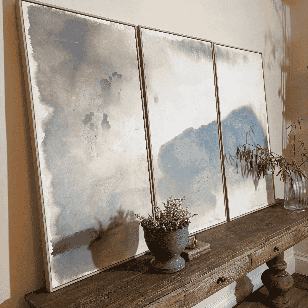 Tryptic Moody Blue Abstract Canvas Set 119cm High