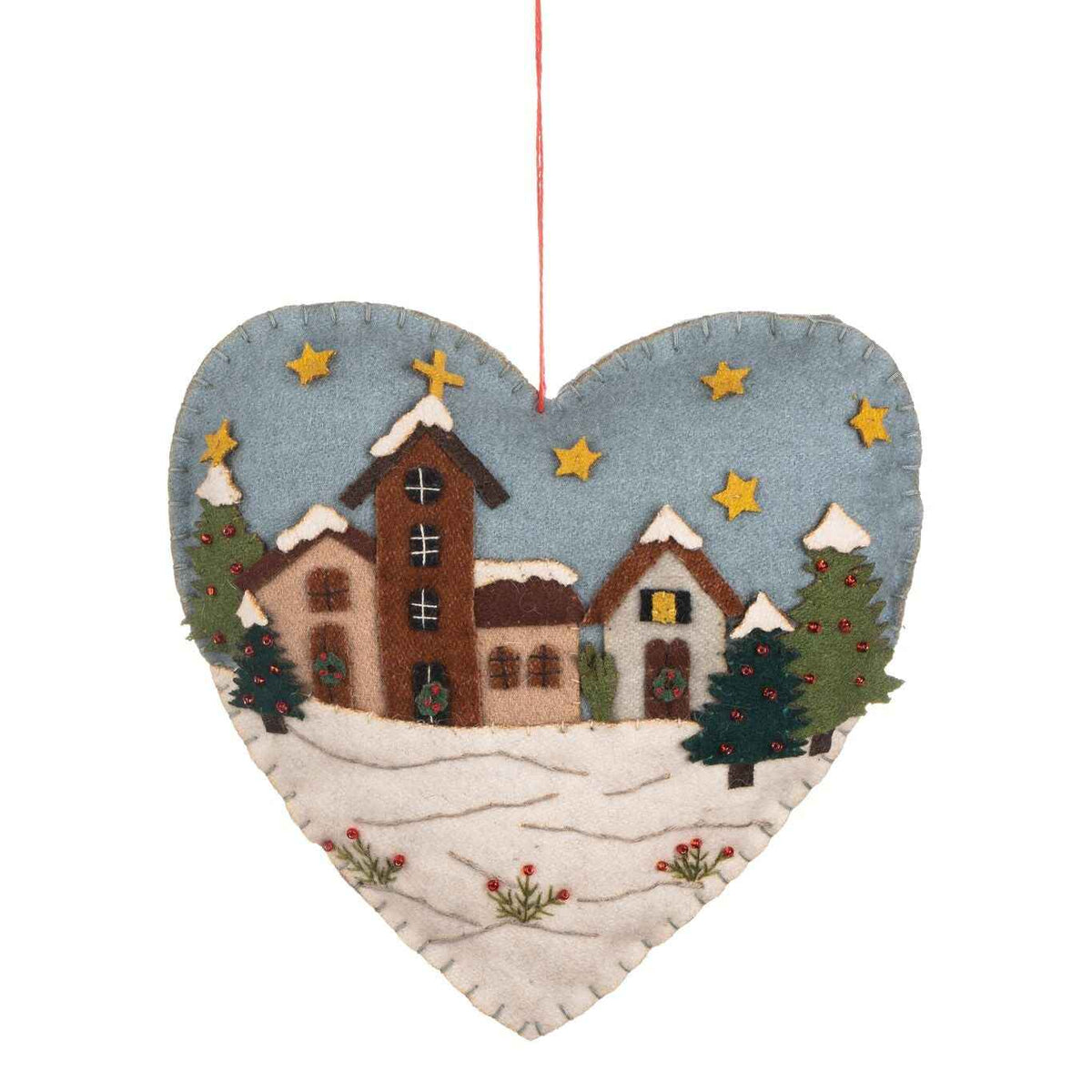 Village Christmas Scene Felt Hanging Heart 16cm | Annie Mo's