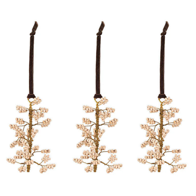 Tanu Mango Wood Beaded Baubles - Brass and Natural (Set of Three)-B