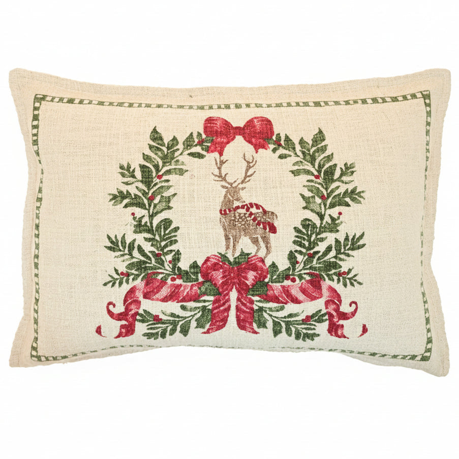 Reindeer and Wreath Cushion Feather Filled 30x50cm | Annie Mo's