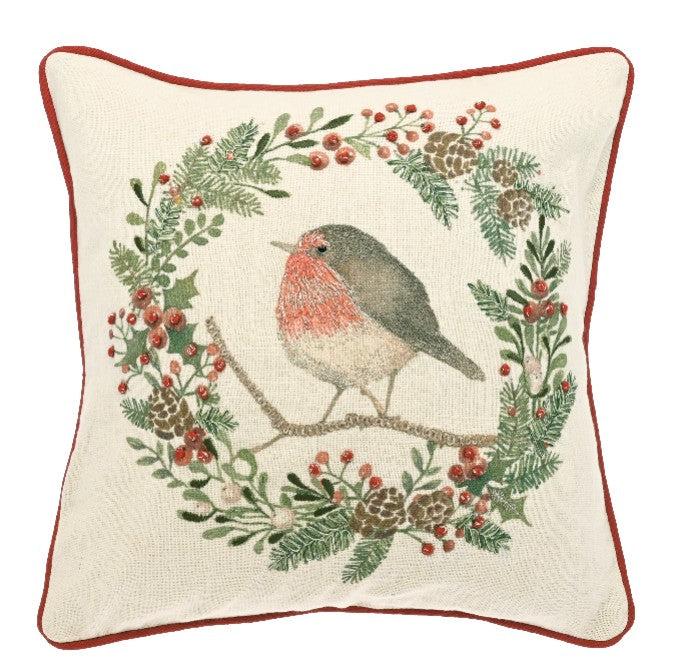 Robin and Wreath Cushion Feather Filled 43x43cm | Annie Mo's