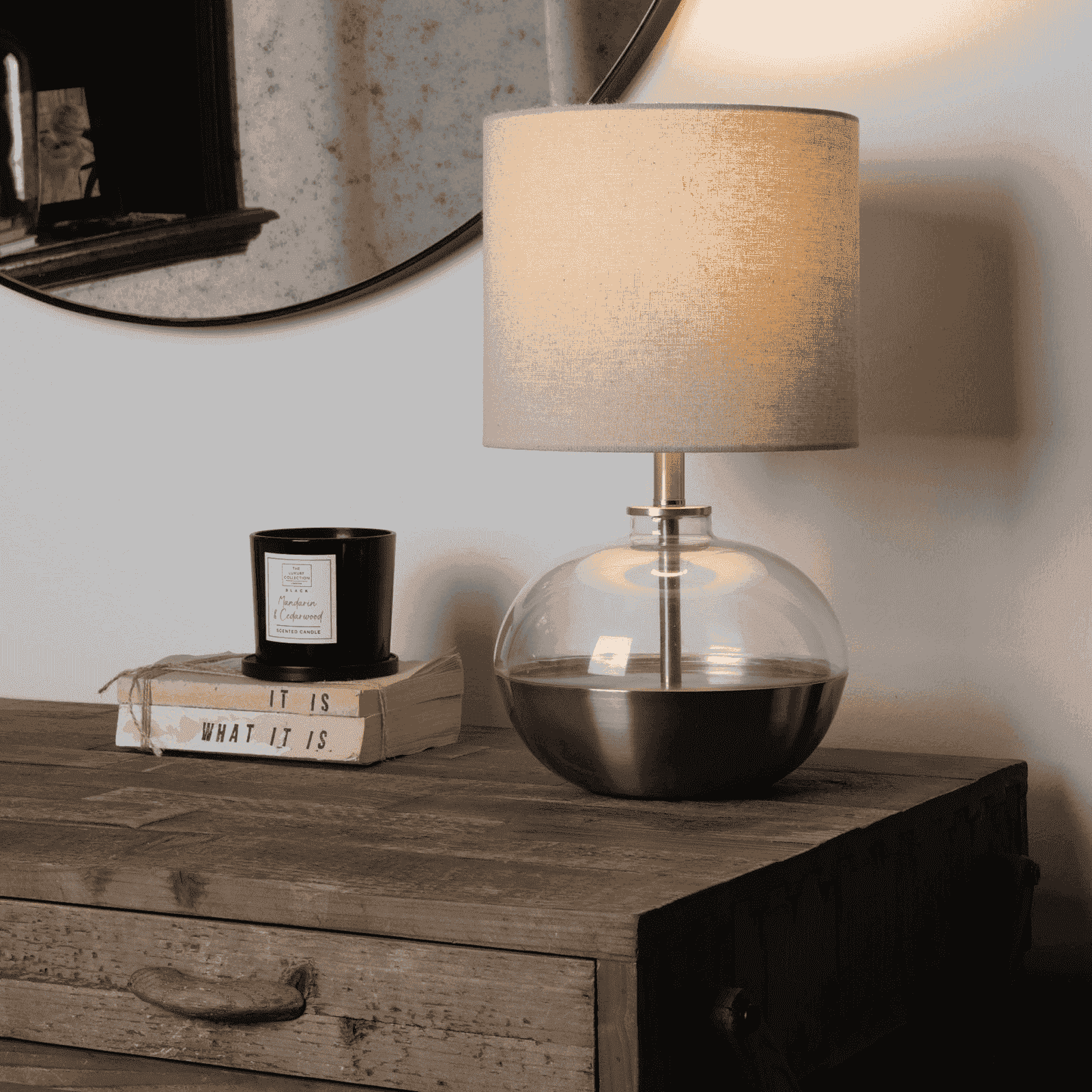 Derby Glass and Brushed Iron Table Lamp with Shade -C