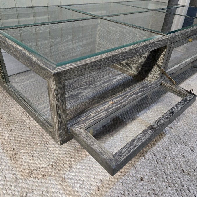 Iron and Oak Glass Coffee Table 136cm - CLEARANCE