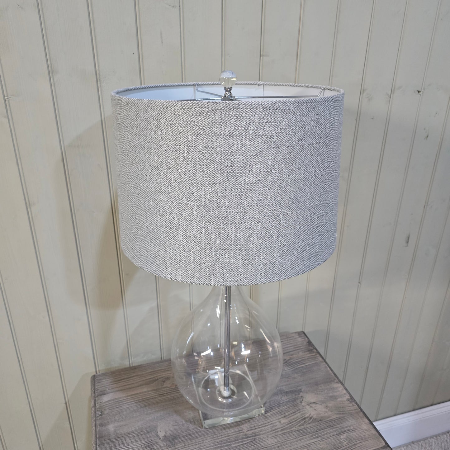 Glass Lamp with Grey Herringbone Shade 71cm - CLEARANCE