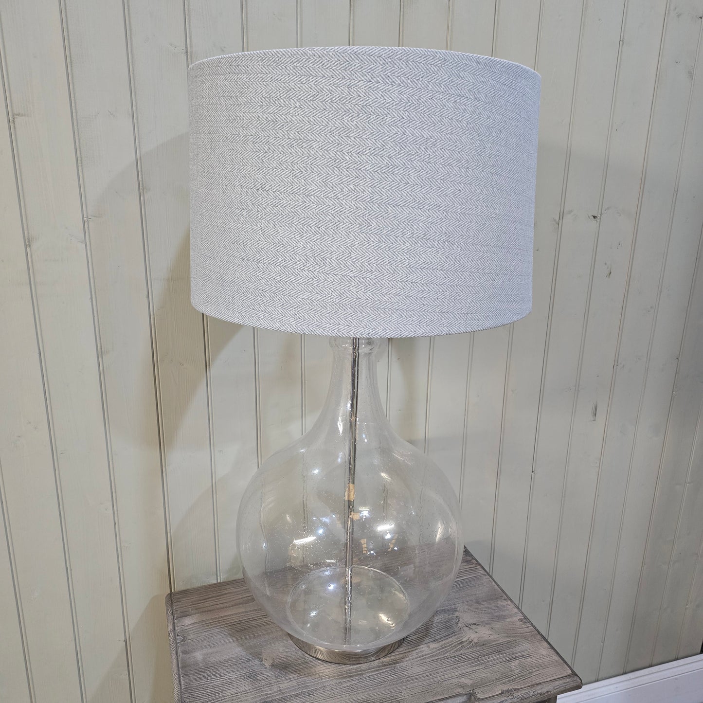 Clifton Bubbled Glass Lamp with Grey Herringbone Shade 87cm - CLEARANCE