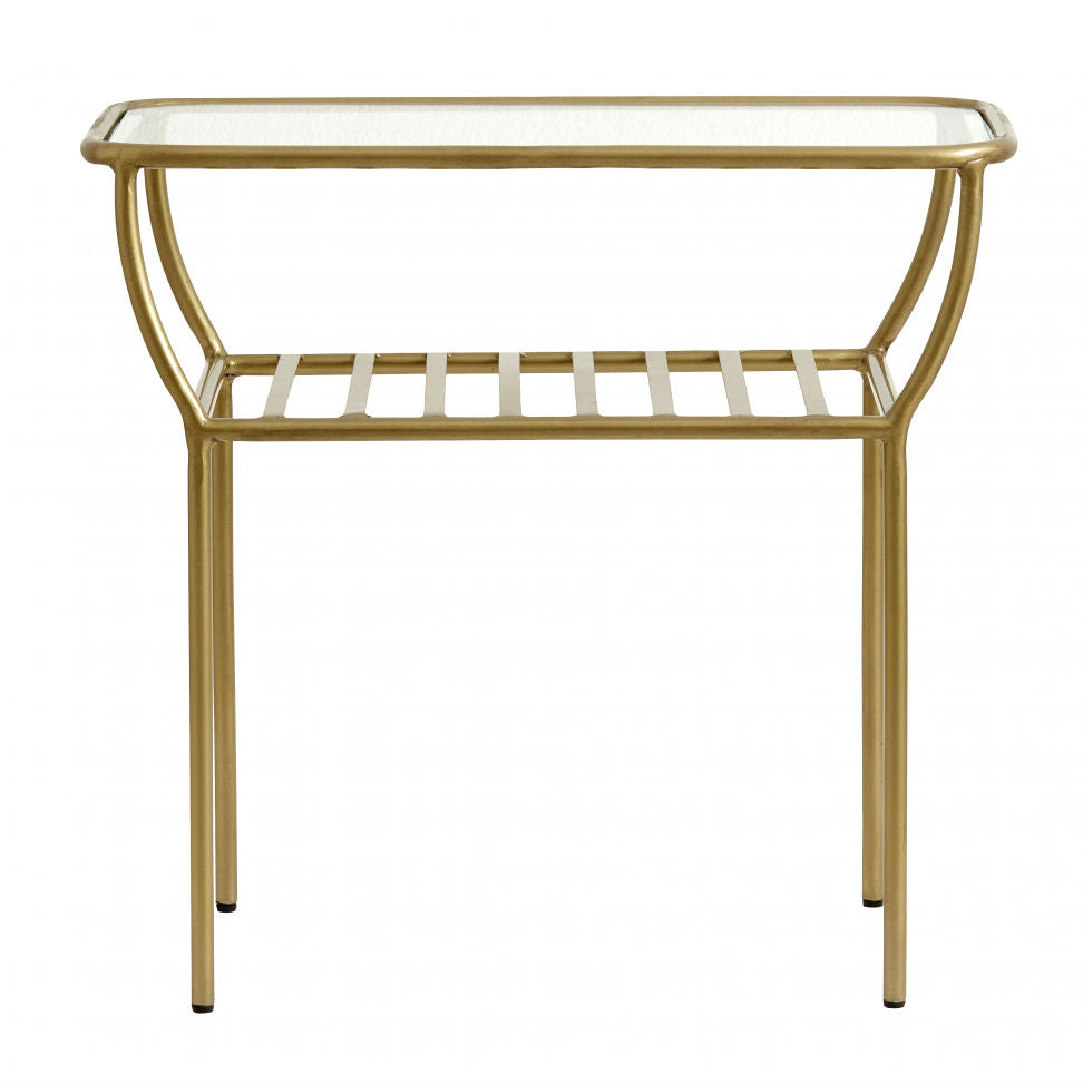 Golden Side Table with Glass Top and Under Shelf | Annie Mo's