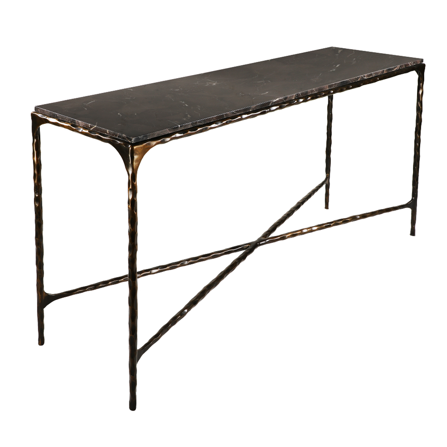 French Brown Marble and Antiqued Gunmetal Console Table 140cm