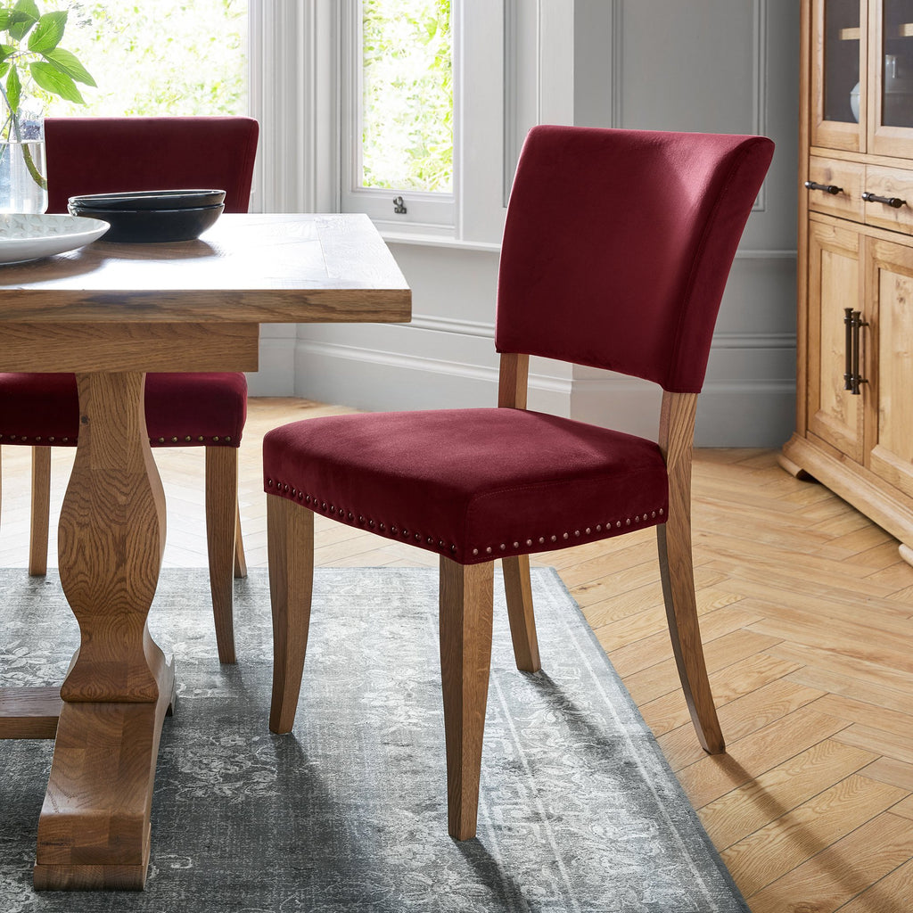 Rustic Oak Crimson Velvet Chair - Pair