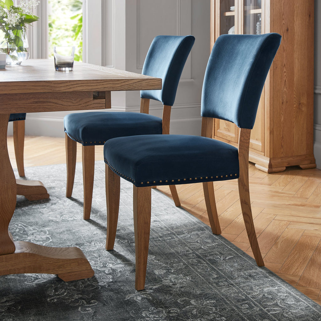 Rustic Oak Dark Blue Velvet Chair - Pair