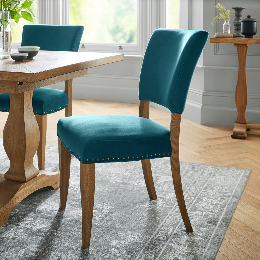 Rustic Oak Sea Green Velvet Chair - Pair