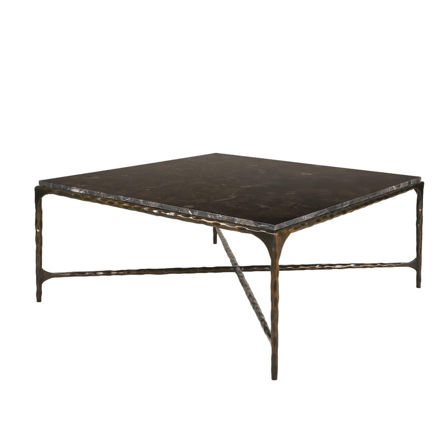 French Brown Marble and Antiqued Gunmetal Square Forged Coffee Table 90cm